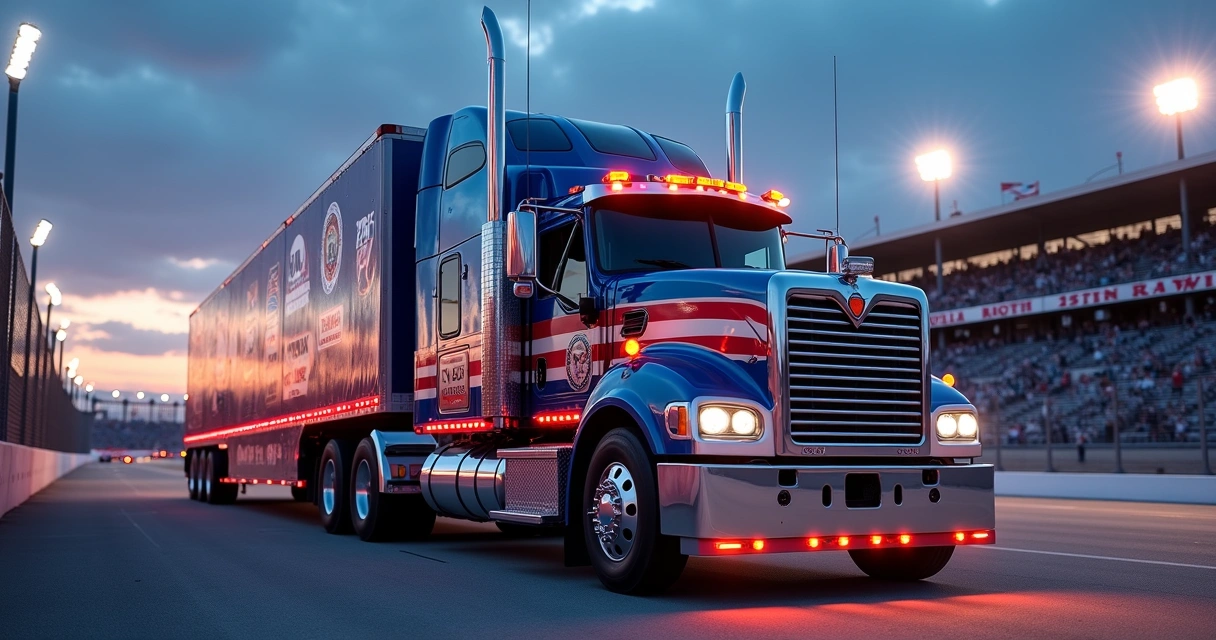 Caminhão Mack Pioneer edição Forças Armadas parado em autódromo da Nascar à noite 