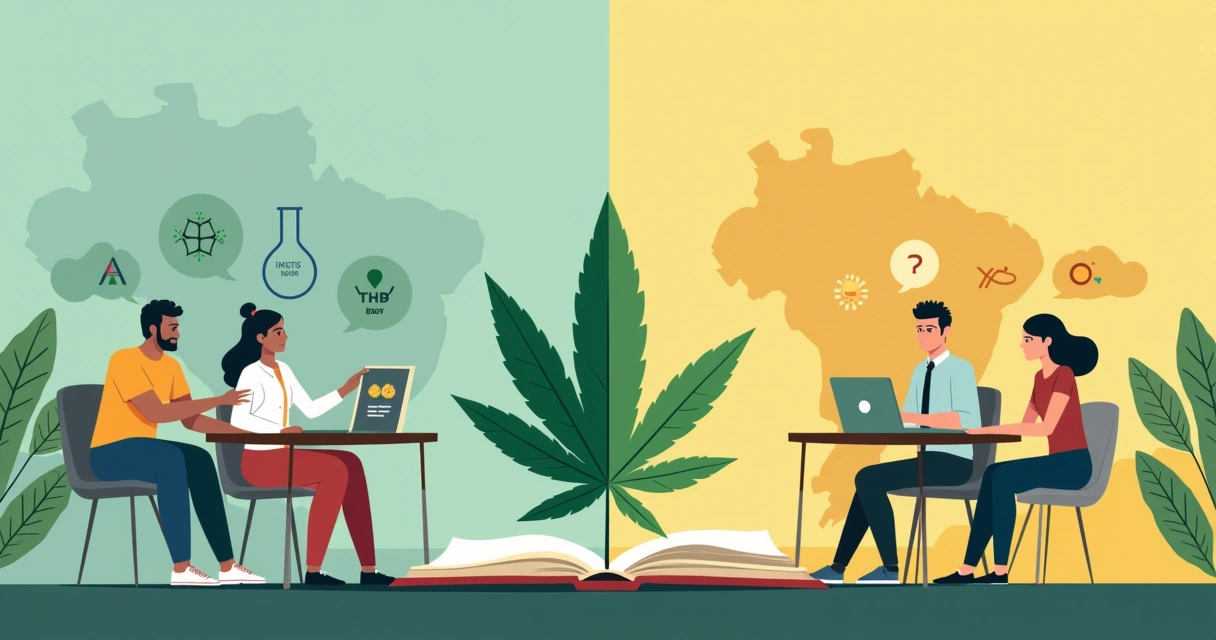 Ilustração de pessoas debatendo sobre maconha no Brasil com símbolos de ciência, saúde e lei 
