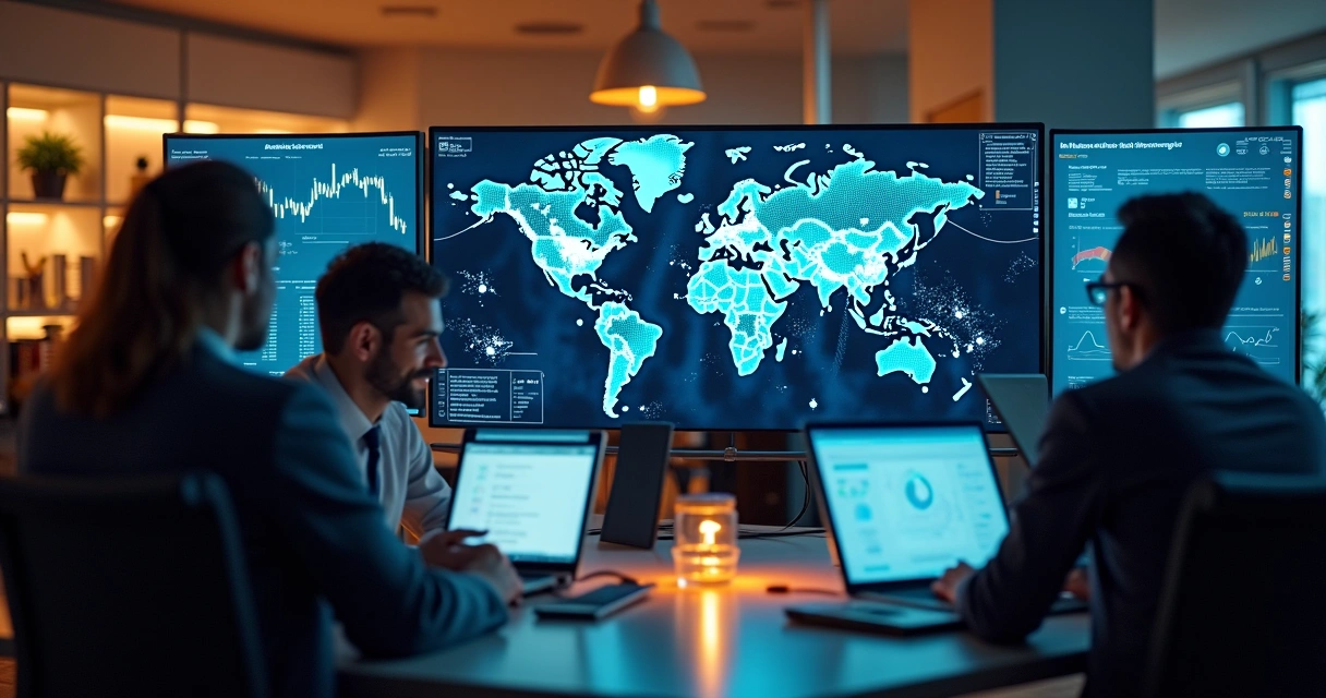 Team collaborates in modern office analyzing global markets 