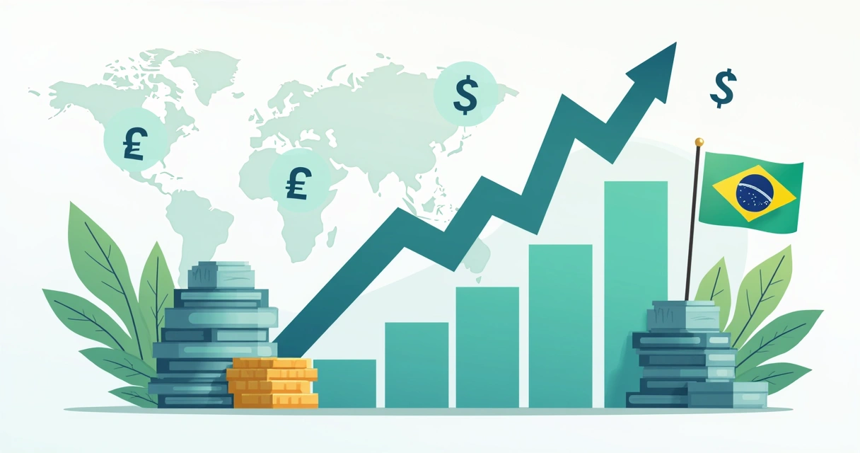 Infográfico com gráficos de crescimento econômico, inflação e moedas globais 
