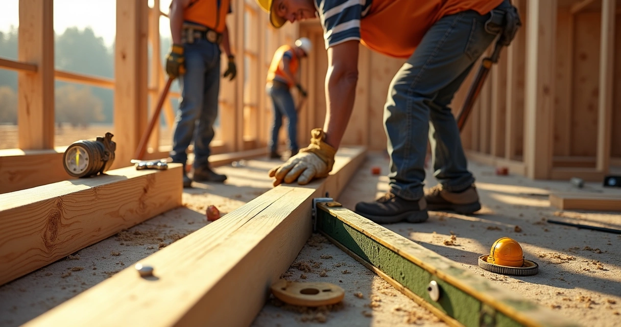Operário instalando vigas de madeira tratada em obra 