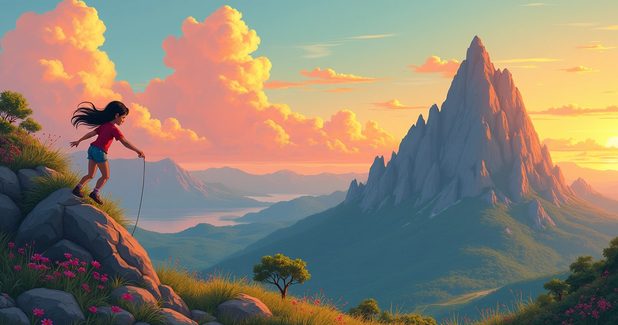 Madeline escalando a montanha Celeste ao pôr do sol, simbolizando resiliência e autodescoberta.