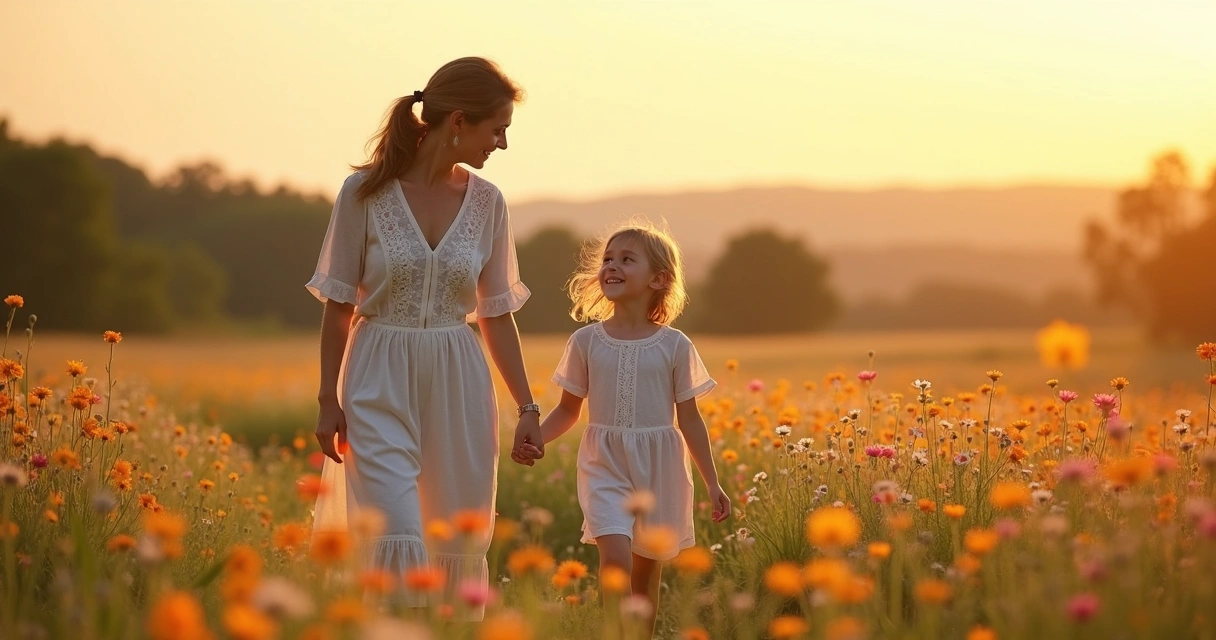 Madre e hija caminando juntas en un campo de flores silvestres al atardecer 