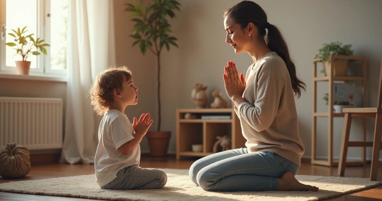 Madre y niña respirando juntas en una sala tranquila