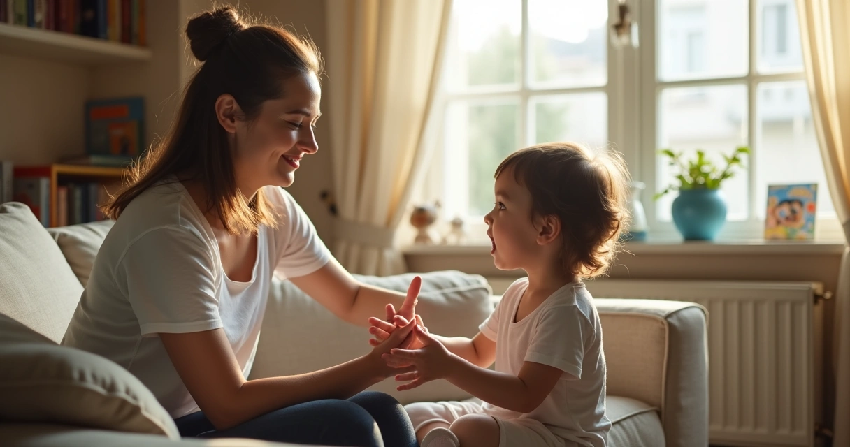 Madre y niño conversando en un sofá con atención plena
