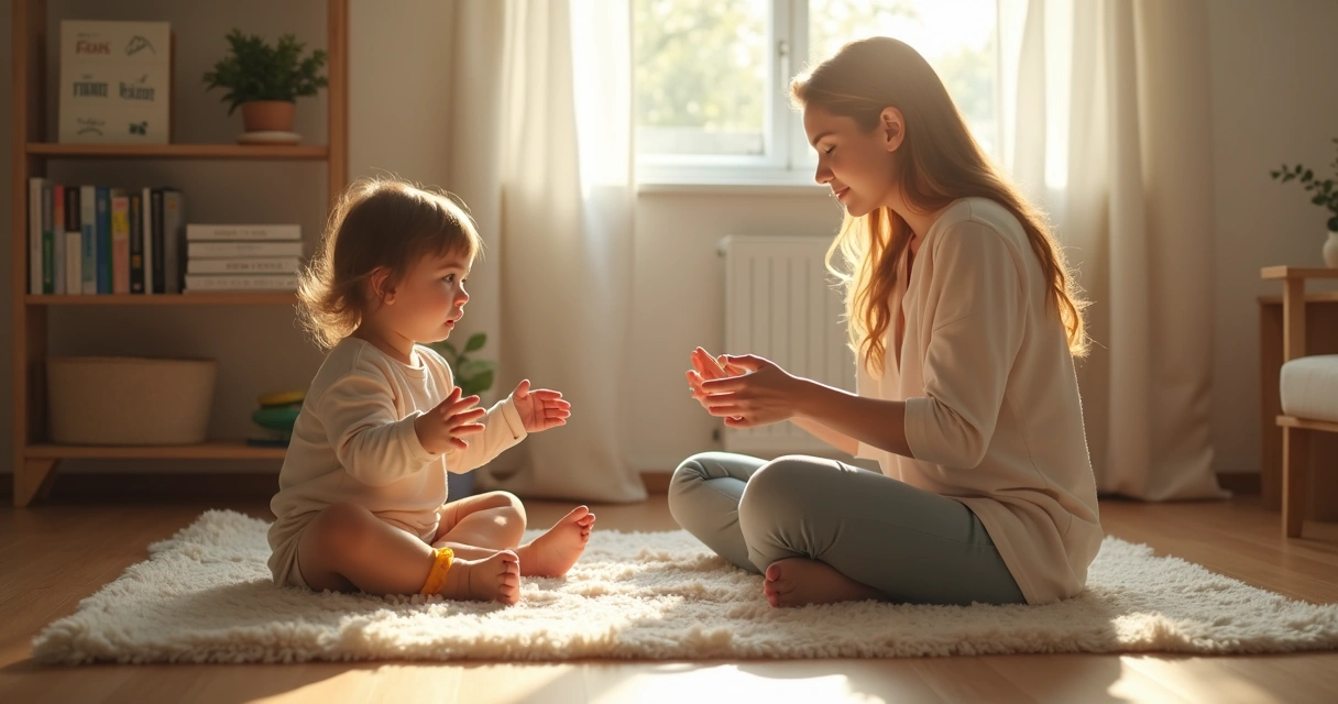 Madre y niño sentados hablando con calma en casa