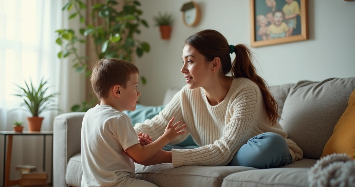 Madre mirando con atención a hijo hablando en sala 