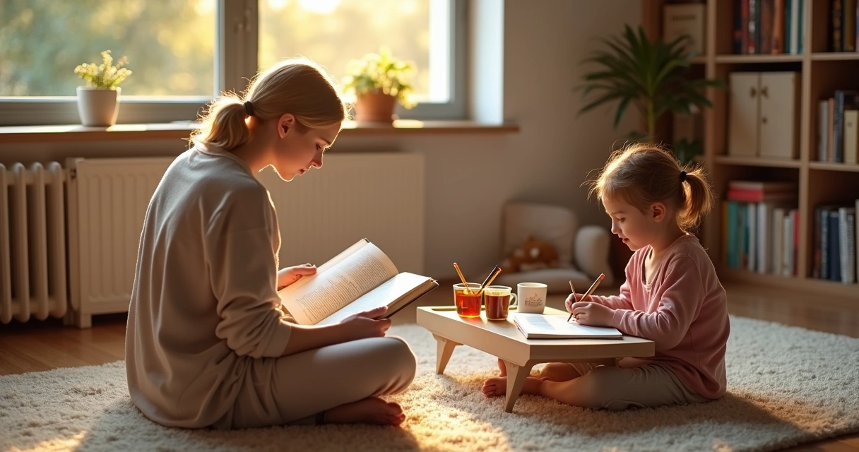 Madre leyendo filosofía con su hijo pequeño en una sala acogedora 