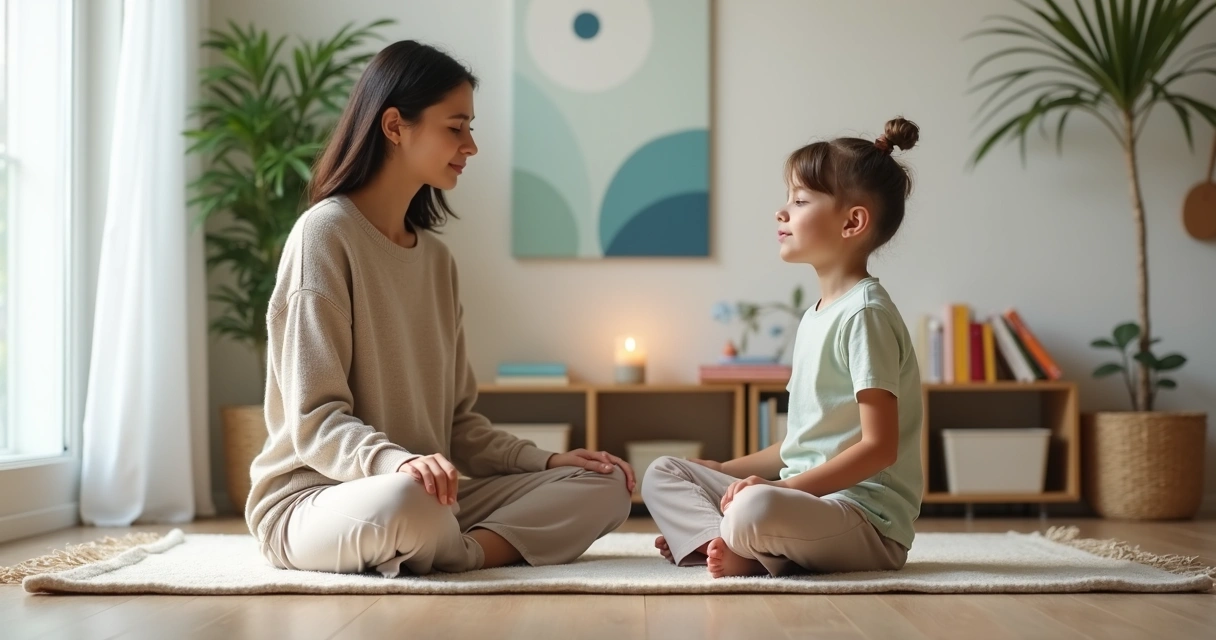 Madre e hijo pequeños meditando juntos en el suelo de casa 