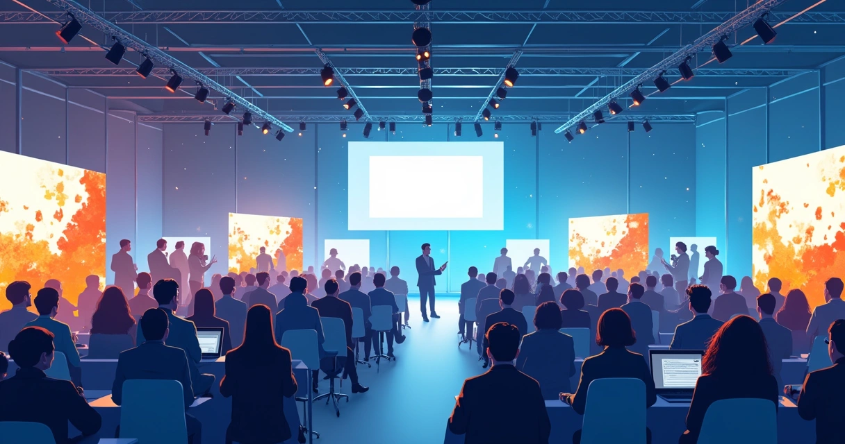 Modern conference hall in Madrid with business people and technology booths 