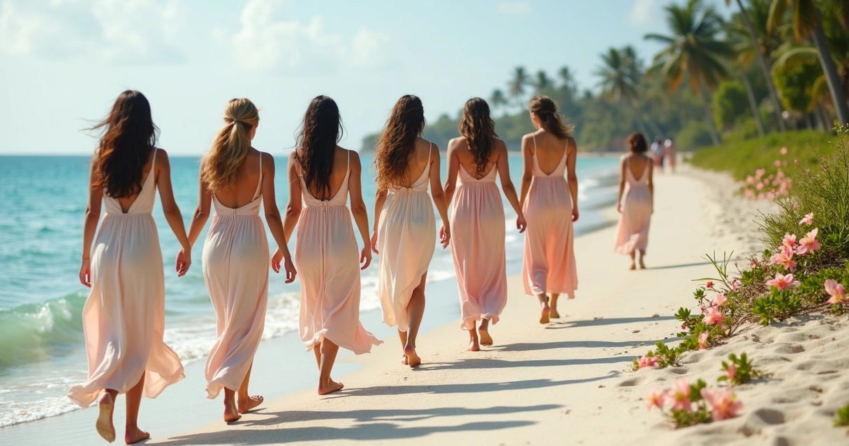 Vestidos fluidos de madrinhas em uma cerimônia de casamento na praia