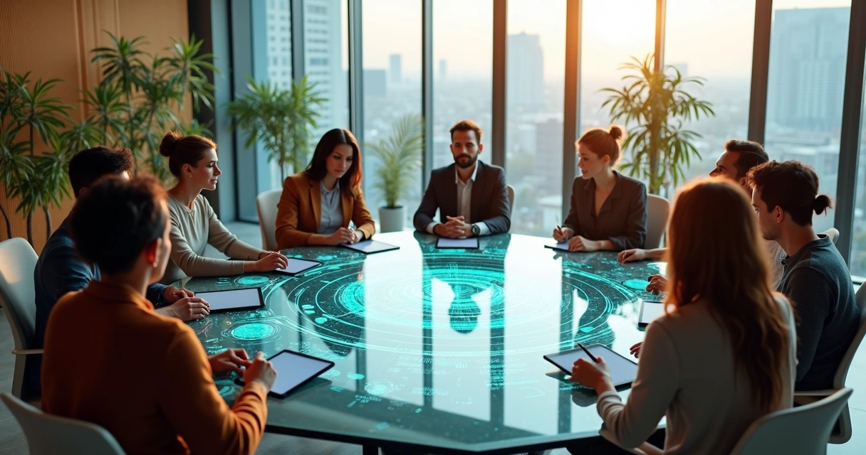 Mesa hexagonal con equipo diverso colaborando y diagramas luminosos flotando 