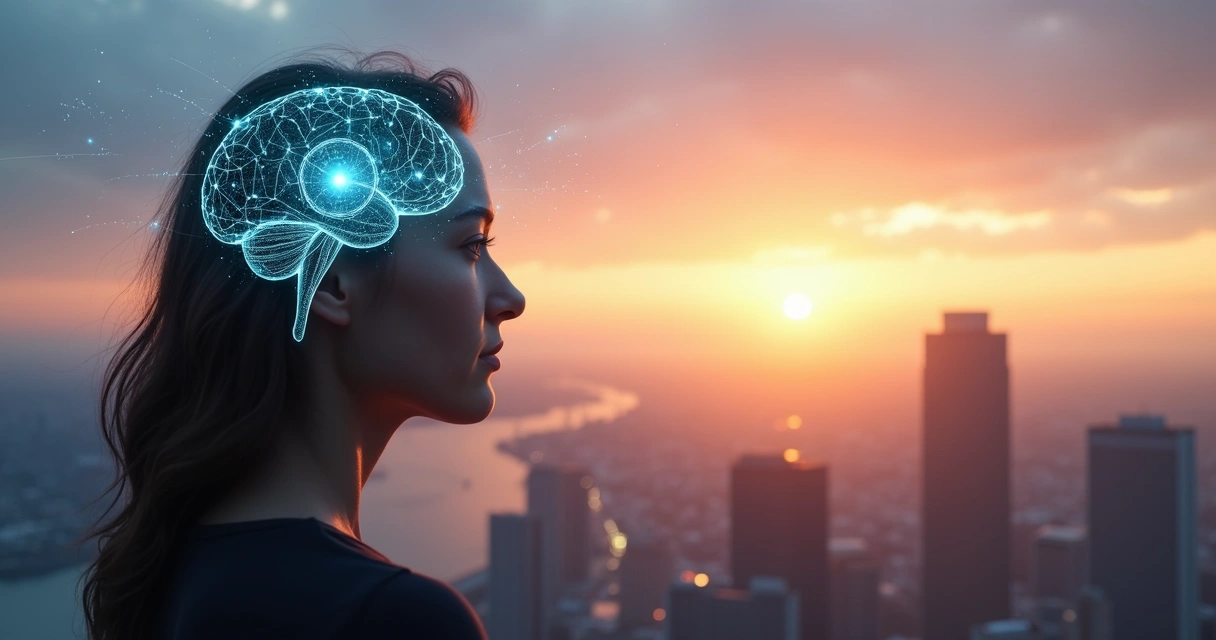 Perfil de persona mirando un horizonte luminoso con un cerebro y un corazón entrelazados 