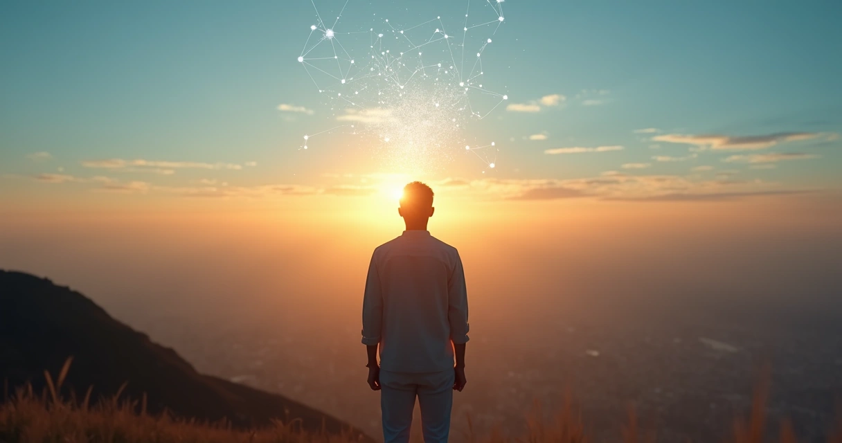 Persona de pie frente a un horizonte luminoso con siluetas de pensamientos interconectados 