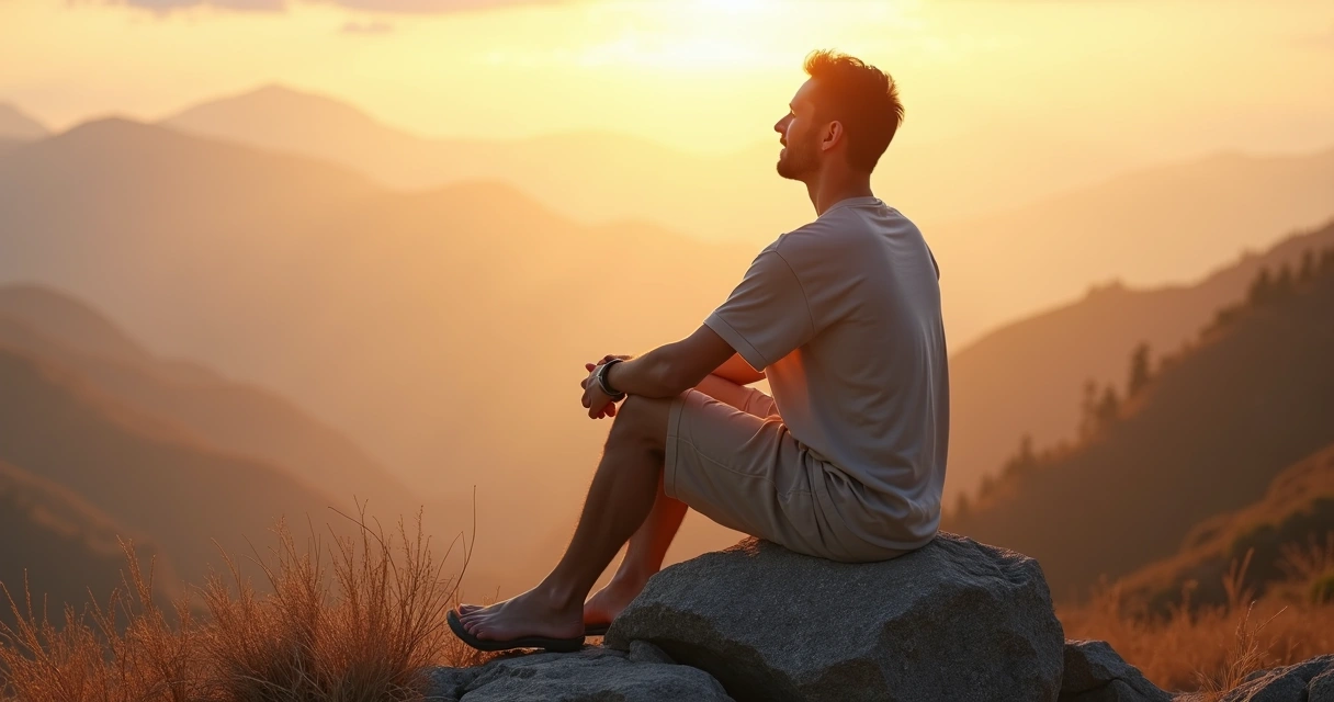 Persona adulta en calma sobre una montaña con luz cálida simbolizando madurez interior 