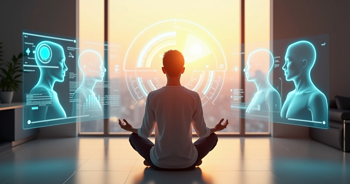 Persona en meditación frente a interfaz digital futurista representando madurez consciente en 2026 