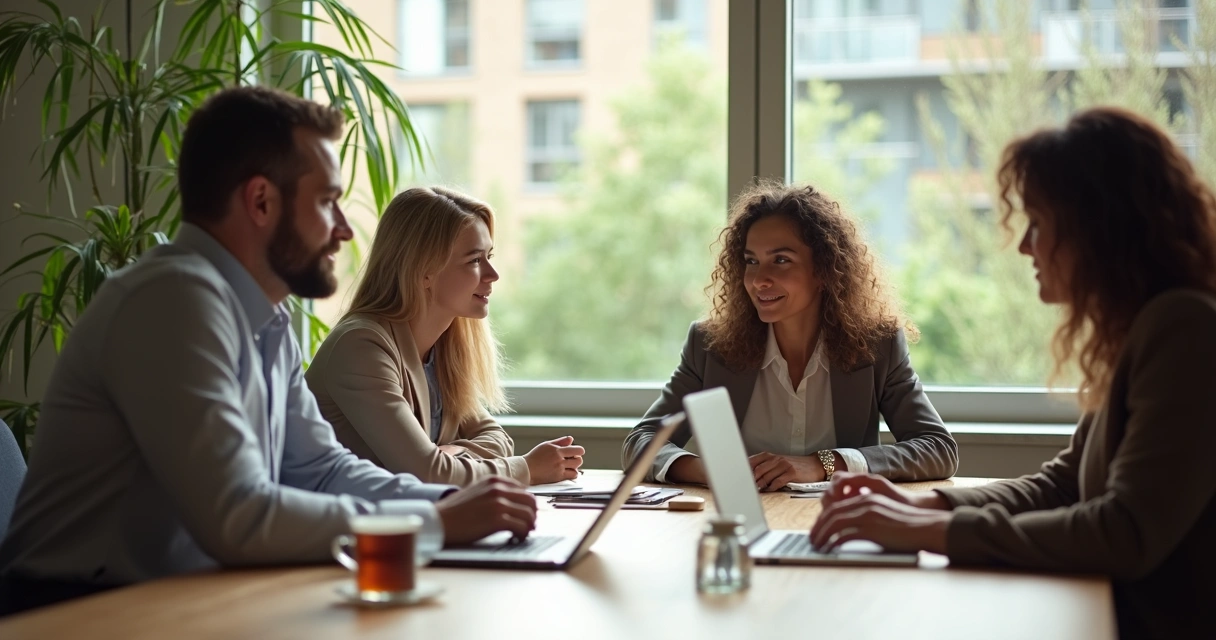 Personas en una reunión tranquila mostrando conexión y serenidad 