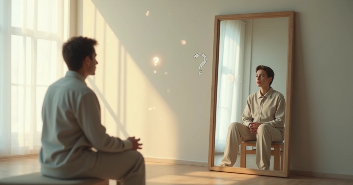 Persona reflexionando frente al espejo con doble reflejo que simboliza la autoconciencia 