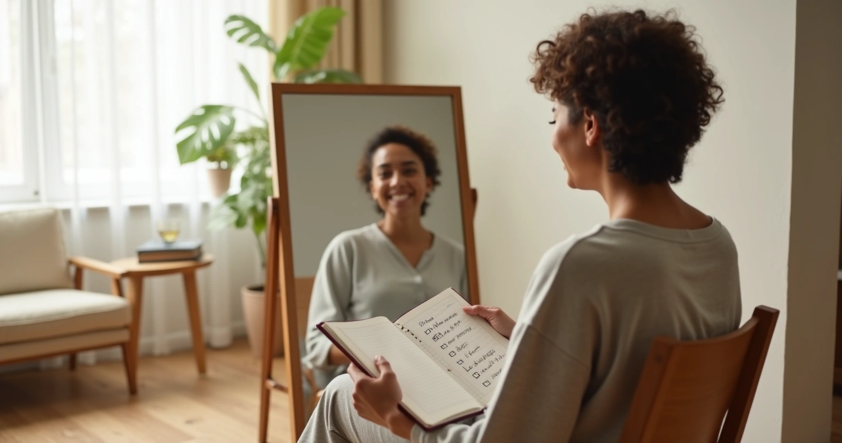 Persona adulta reflexionando frente a un espejo con un cuaderno de autoevaluación 