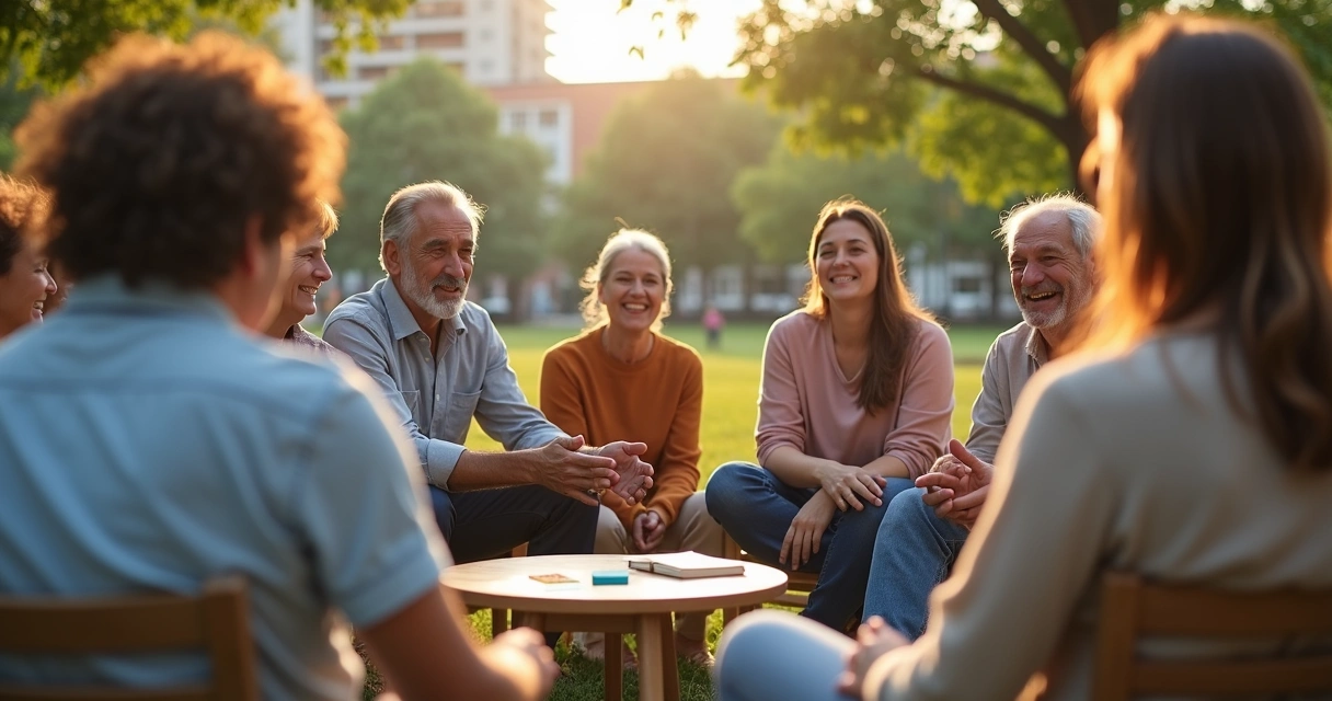 Grupo diverso de adultos conectando en círculo al aire libre 