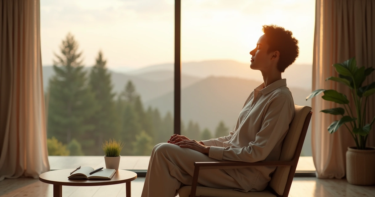 Persona serena sentada frente a ventana con paisaje natural y luz suave 