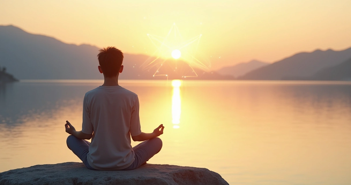 Persona meditando en calma frente a un paisaje amplio que simboliza conexión global 