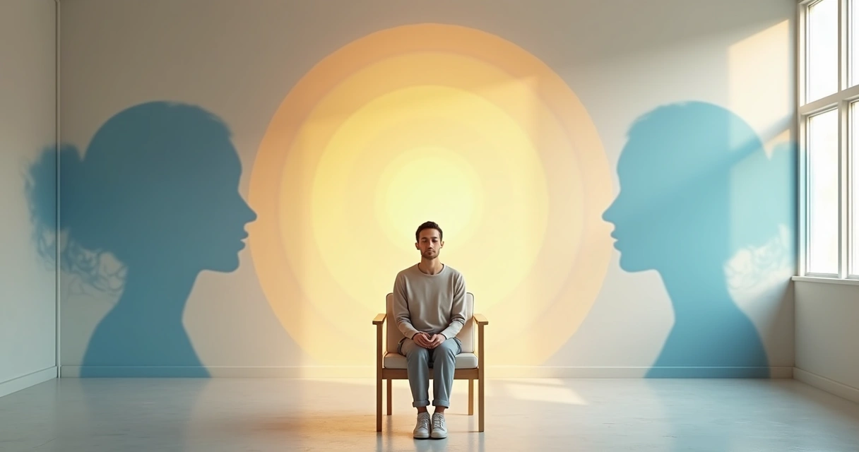 Persona sentada en calma con siluetas transparentes que representan equilibrio emocional 