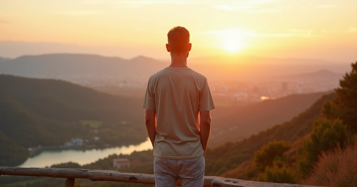 Persona adulta serena de pie en un mirador con paisaje equilibrado al amanecer 