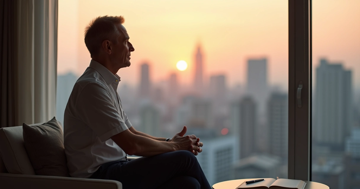 Persona adulta serena observando su reflejo en un vidrio con la ciudad desenfocada detrás 