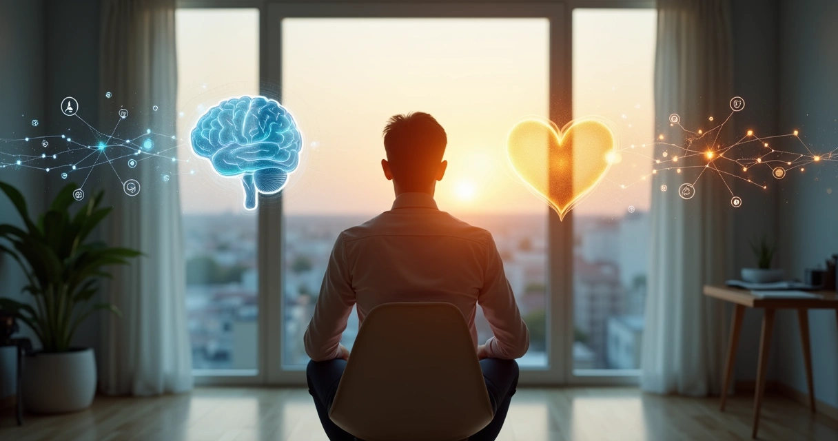 Persona meditando con mente y corazón conectados en equilibrio 