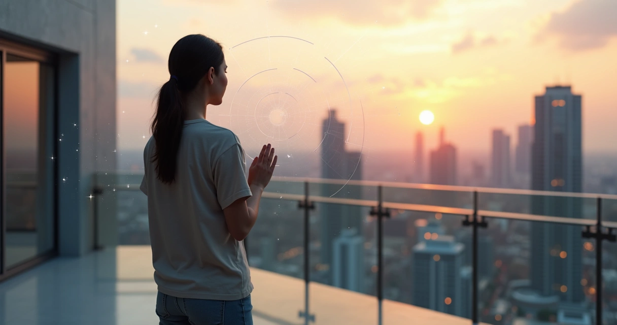 Persona reflexionando frente a horizonte urbano futurista al atardecer 