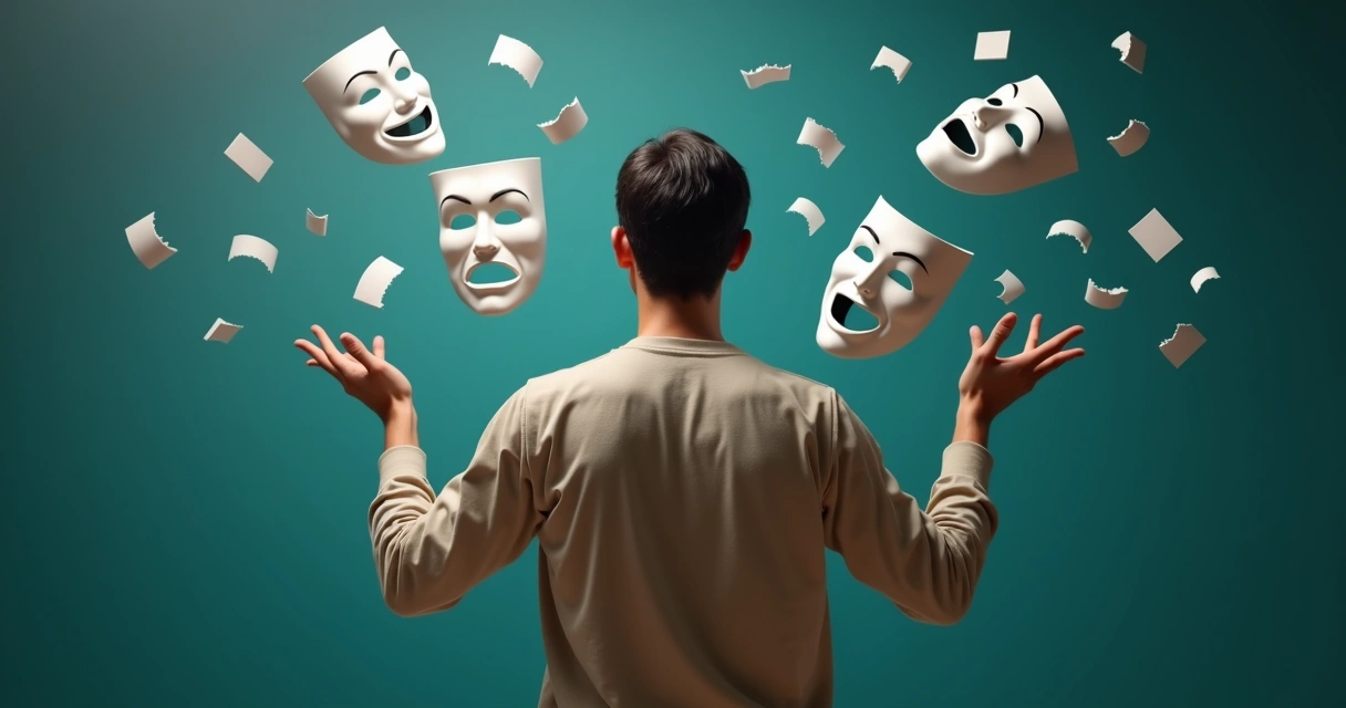 Persona adulta rompiendo máscaras que representan mitos sobre la madurez emocional 