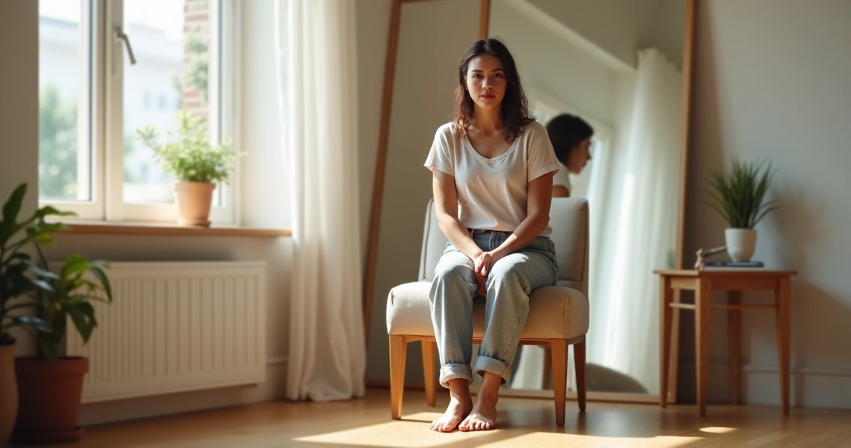 Persona adulta reflexionando frente a un espejo con expresión serena 