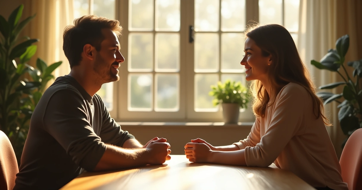 Dos personas dialogando con respeto en un espacio tranquilo 