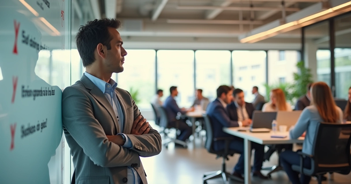 Profesional mirando un tablero con errores tachados en una oficina moderna 
