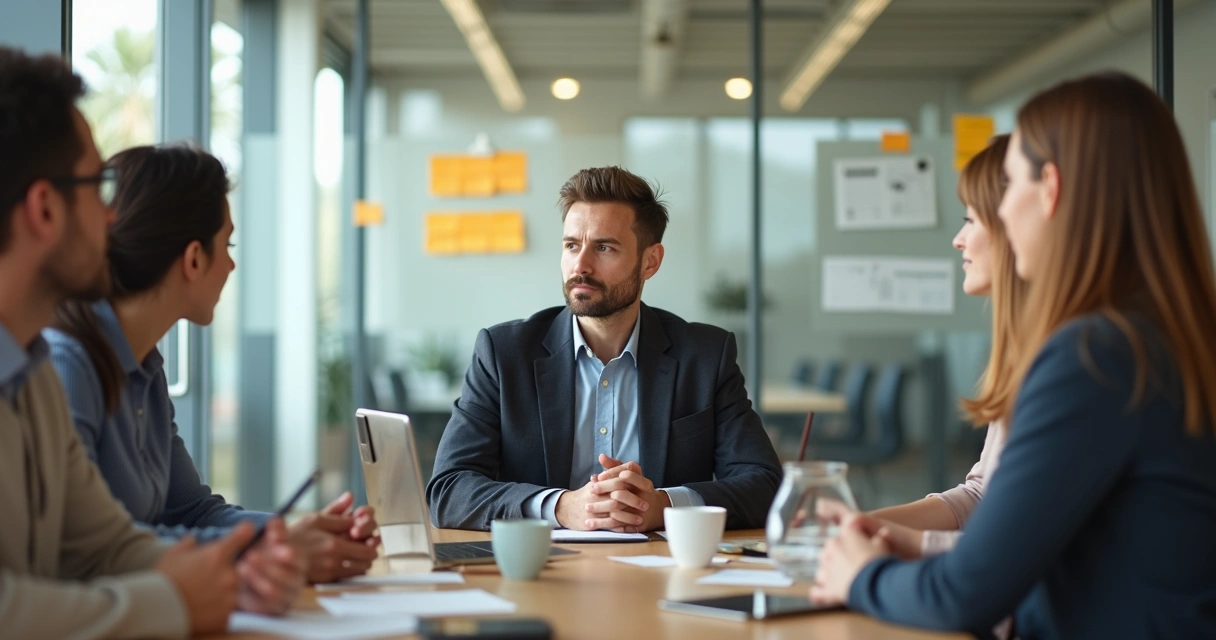 Profesional en oficina liderando reunión con actitud serena y empática 