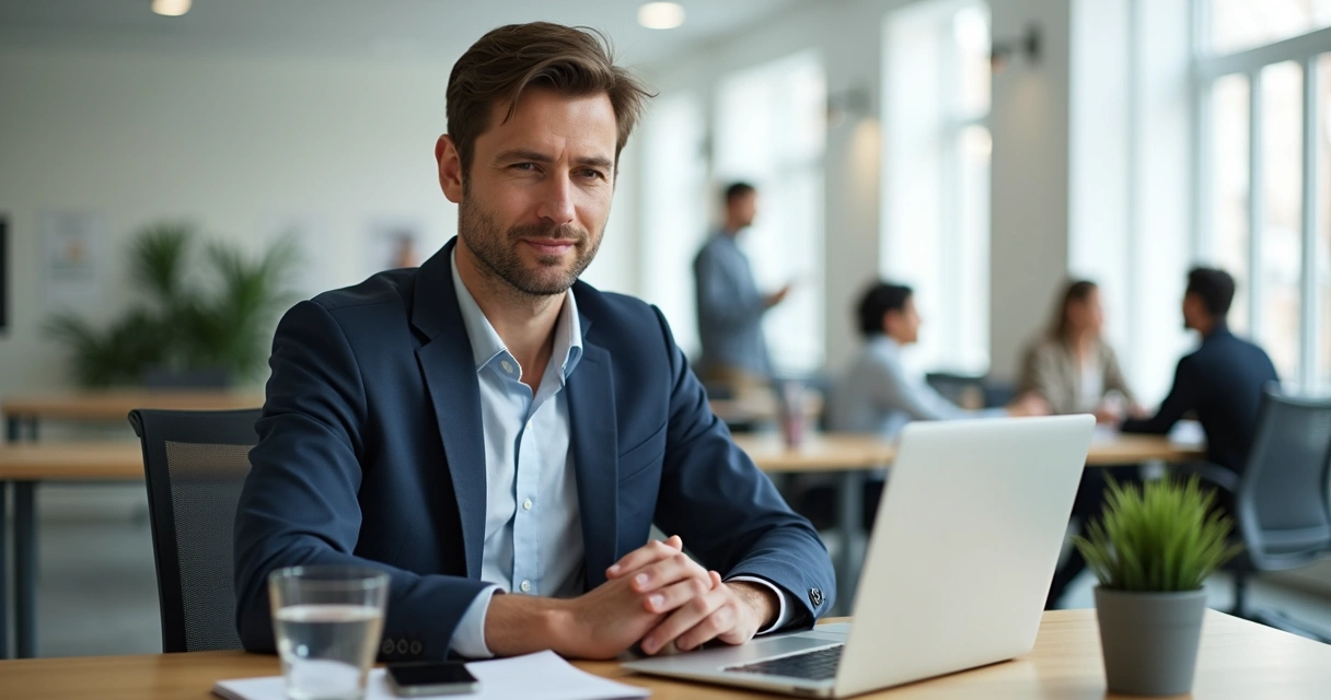 Profesional sereno en oficina moderna gestionando su trabajo con calma y enfoque 