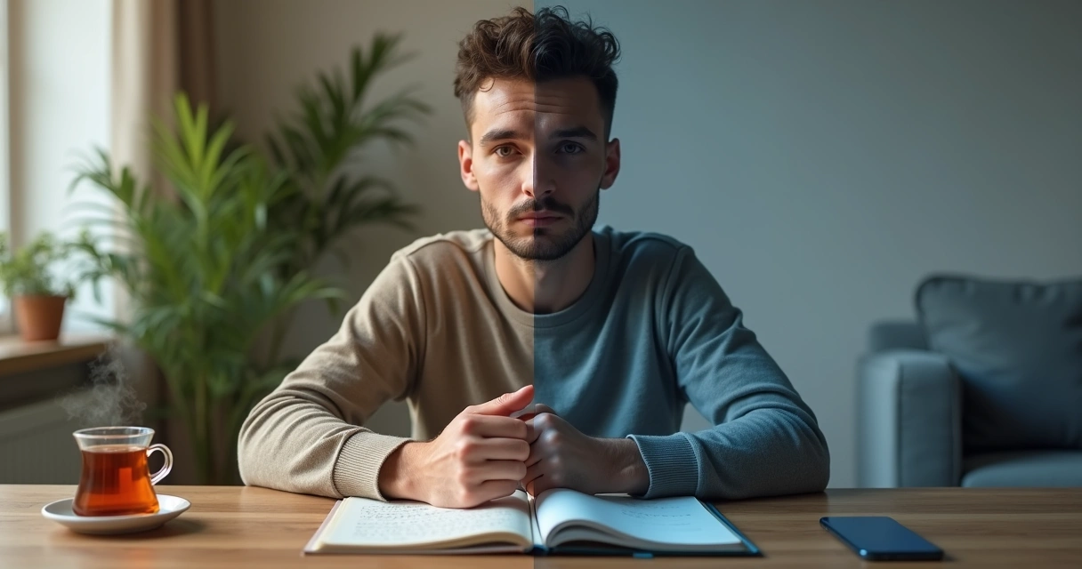 Persona reflexionando con contraste entre calma interior y control externo 