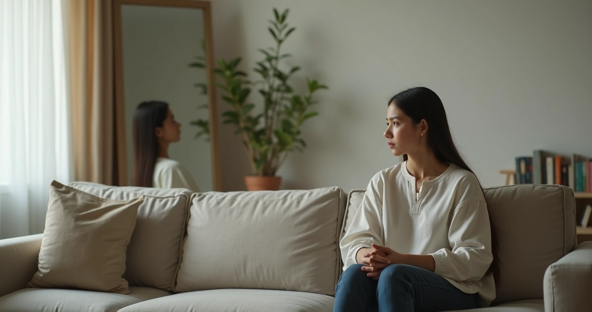 Persona sentada frente a un espejo mostrando calma y represión emocional 