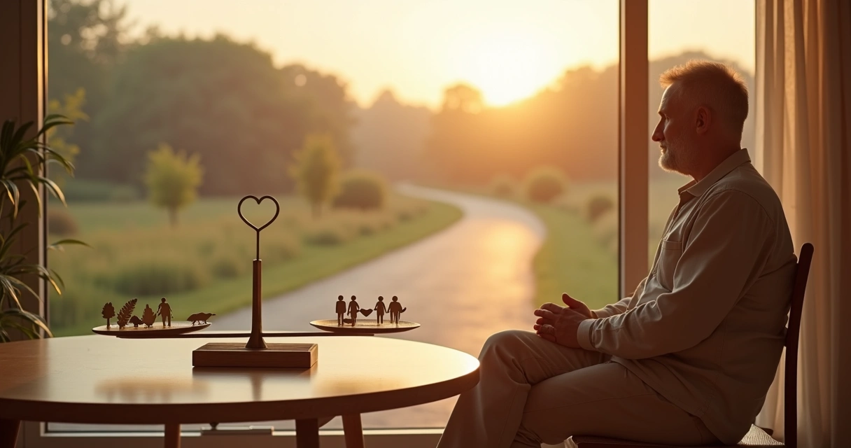Persona reflexionando frente a una balanza ética y un camino luminoso 
