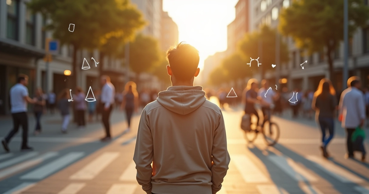 Persona reflexionando en una ciudad con iconos de decisiones éticas alrededor 