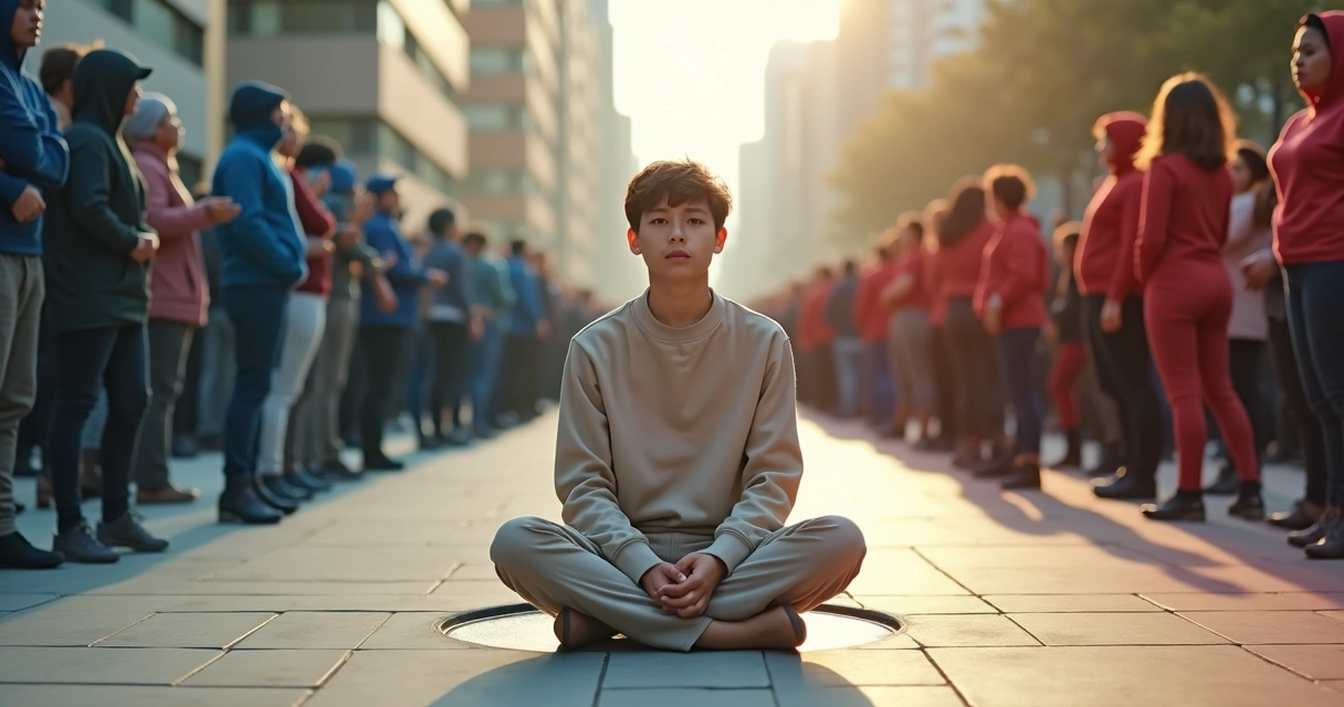 Persona serena en medio de una multitud dividida por colores opuestos 