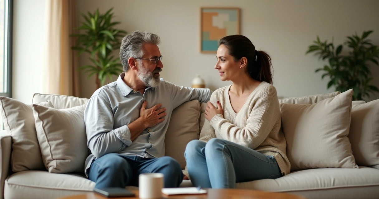 Pareja sentada en un sofá mirándose a los ojos mientras dialogan con calma 