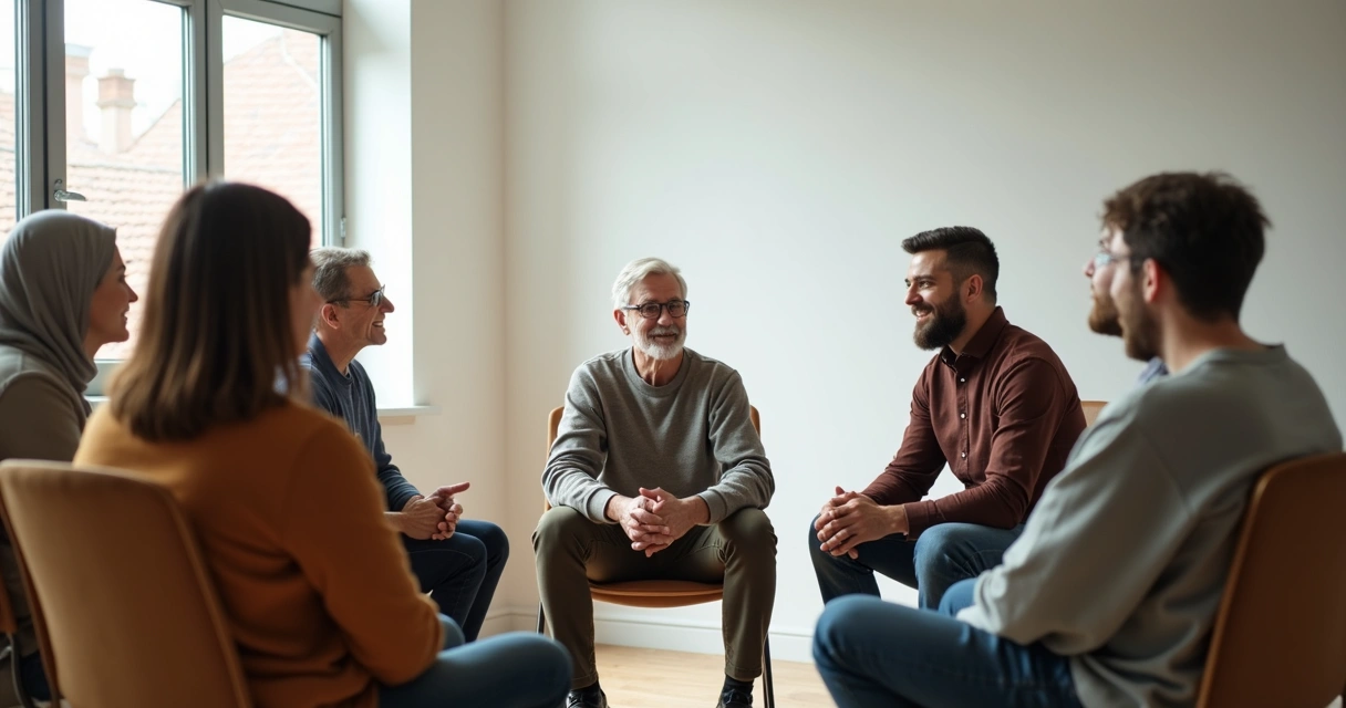 Grupo de personas de distintas edades conversando en círculo 
