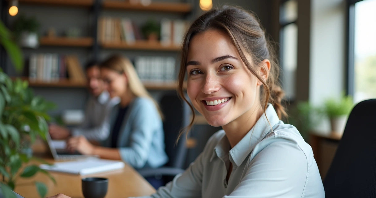 Profissional sorridente em ambiente de trabalho focado e tranquilo, com colegas ao fundo interagindo. 