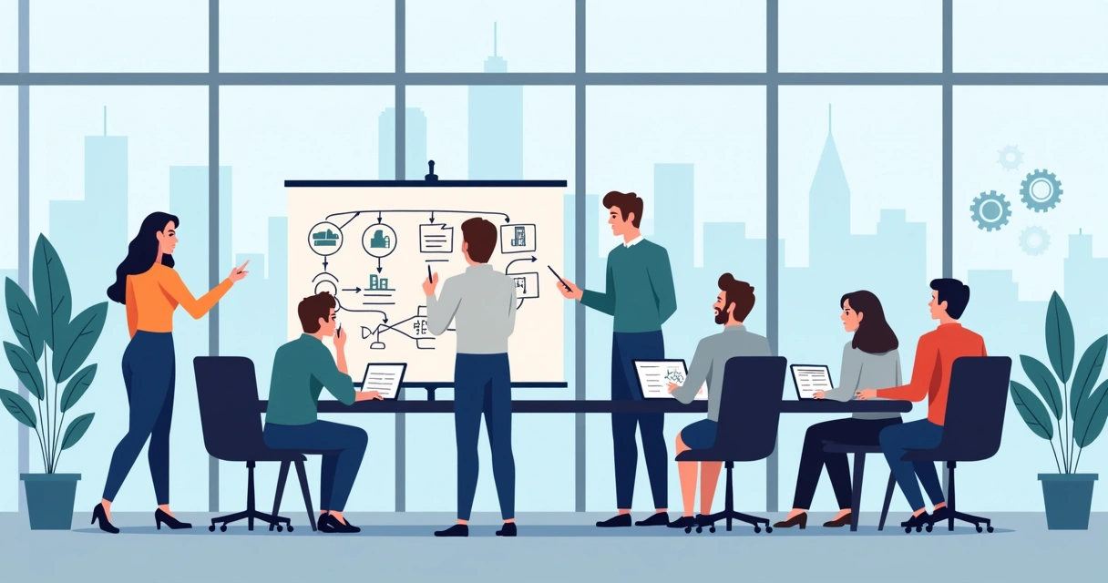 Equipe discute processos em quadro branco de projetos 