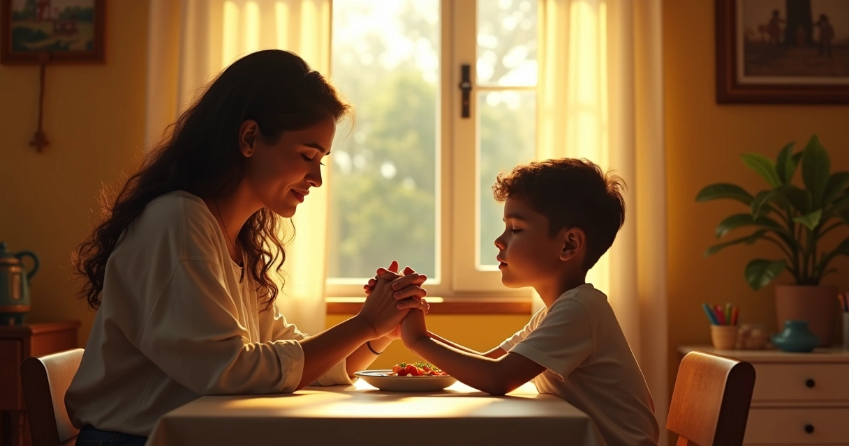 Mãe abençoando filho em casa num ambiente aconchegante