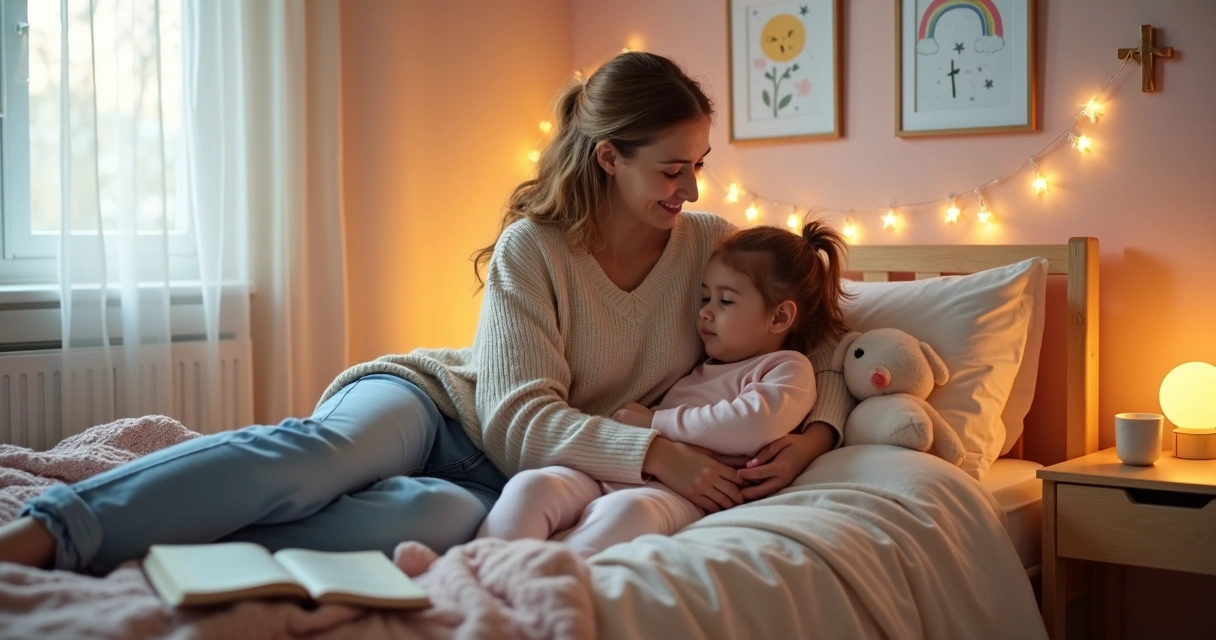 Mãe abraçando a filha pequena em quarto acolhedor com luz suave e decoração infantil 