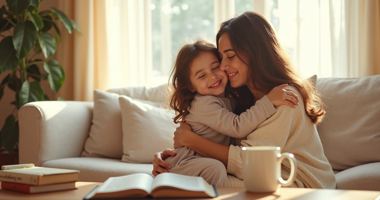 Mãe abraçando filha com sorriso leve no rosto 