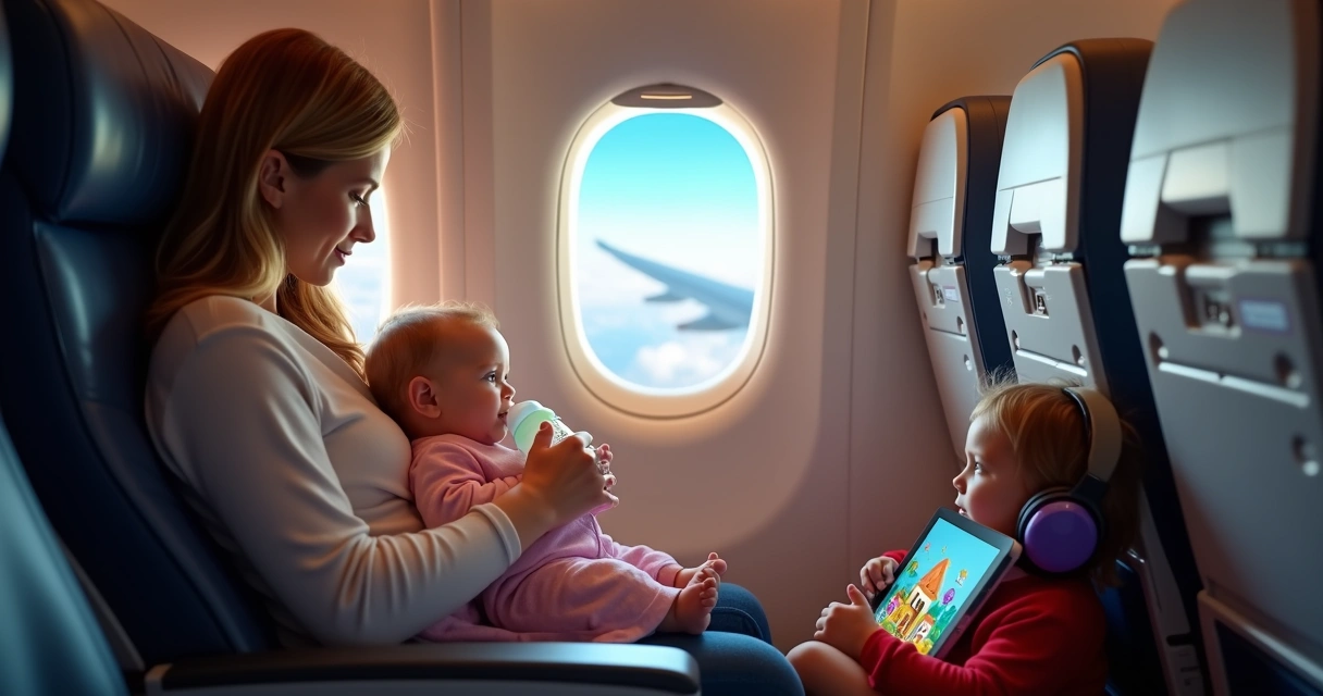 Mãe acalma bebê em avião durante pouso 